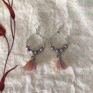 Mauve & Sliver Beaded Tassel Hoop Earrings